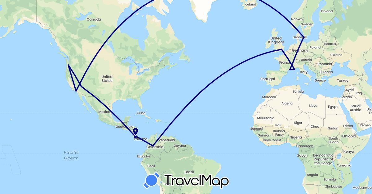 TravelMap itinerary: driving in Switzerland, Colombia, Costa Rica, Denmark, France, United Kingdom, United States (Europe, North America, South America)
